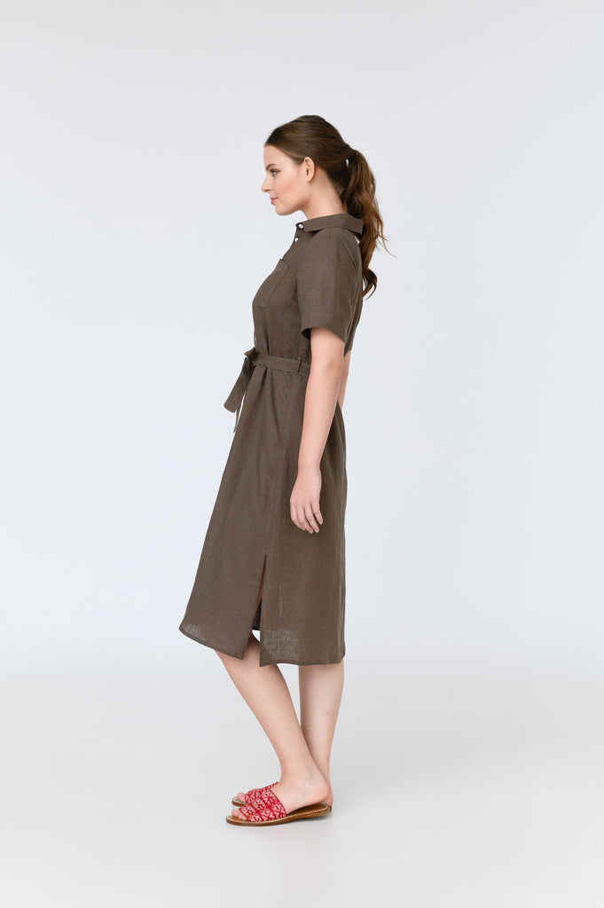 Womens brown linen shirt dress
