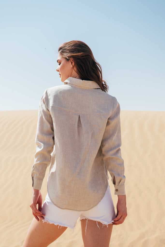 Long relaxed beige long sleeve shirt for women by Anse Linen.