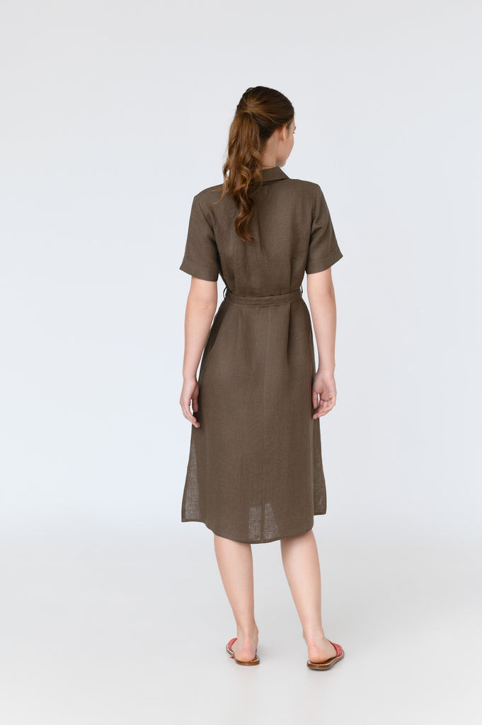 Short Sleeve Linen Dress Brown