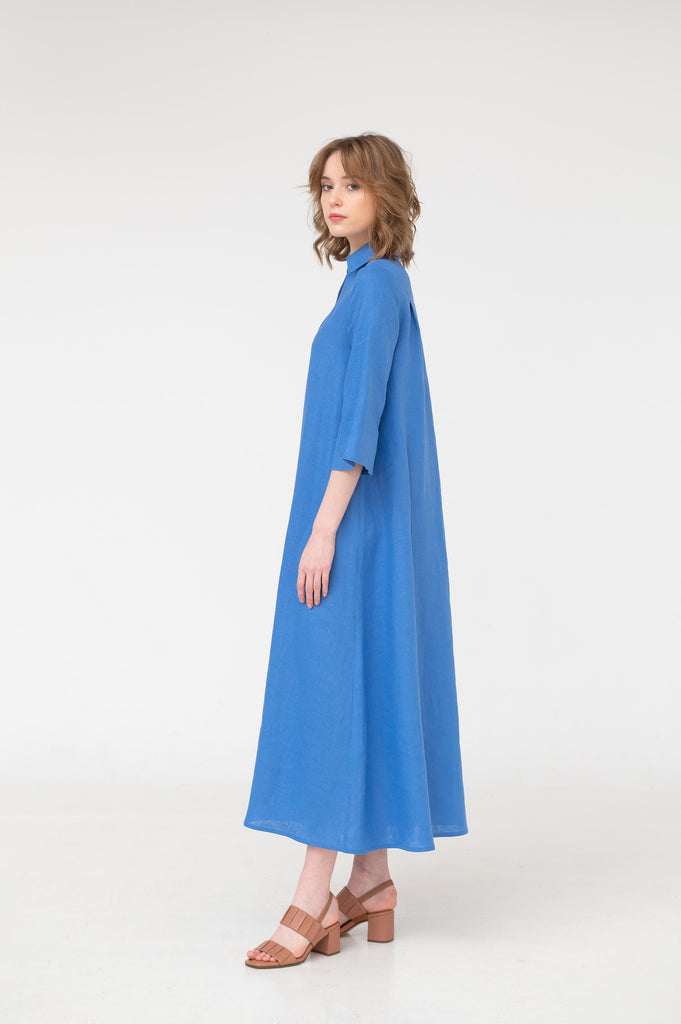 Blue linen maxi dress with sleeves