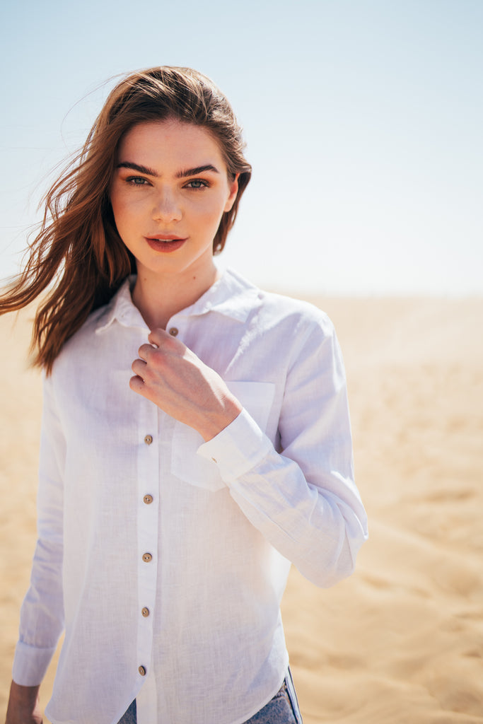 White button down linen shirt for women.