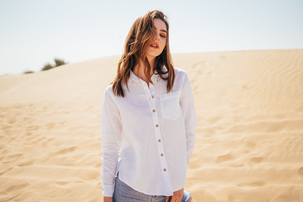 White linen button down long sleeve shirt for women by Anse Linen.